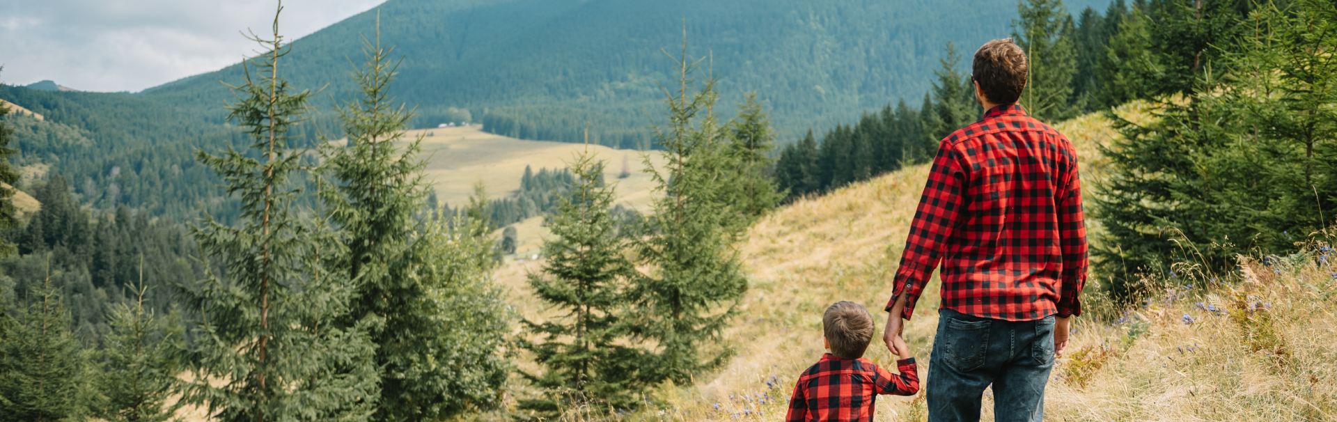 Happy father with his young son sitting on the grass on a background of green forest